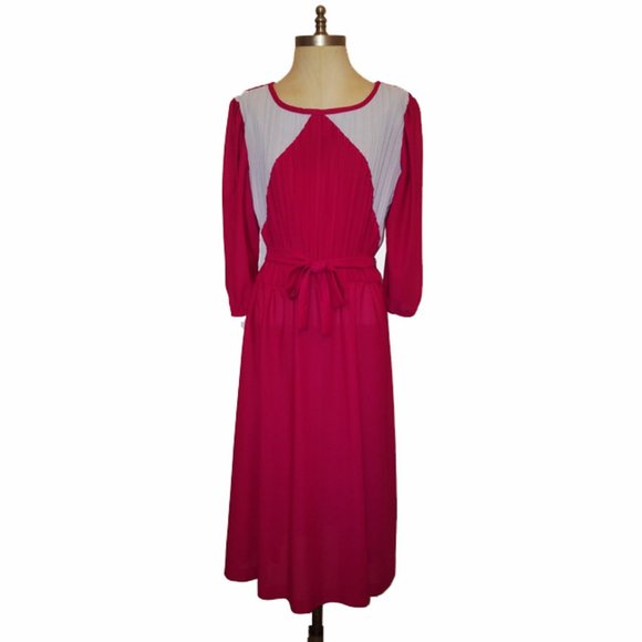 Vtg 70s Puff Sleeve Pleated Top Waist Tie Dress 16 - Picture 1 of 7